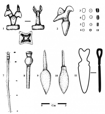 Figure 6. A selection of the finds from the settlement and the graves; bronze artefacts: 1, 2, 6, 7, 9 & 11; agate artefacts: 3, 4 & 5; iron artefacts: 8 & 10. 